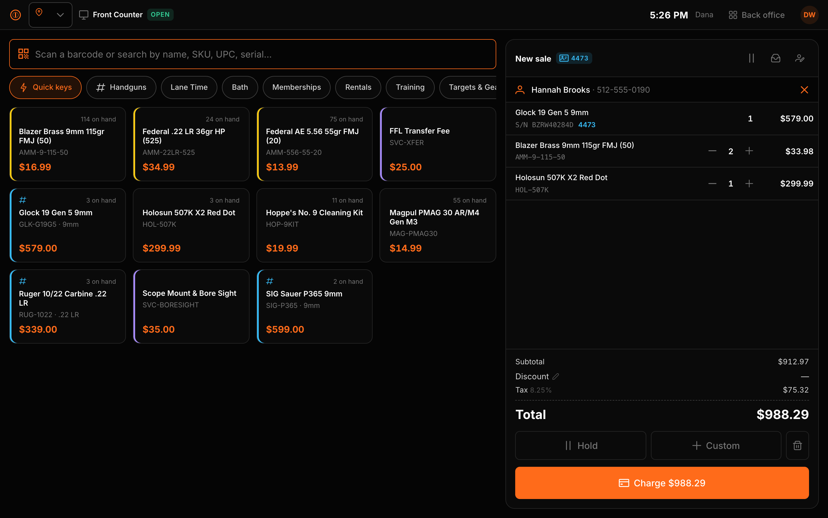 The Iron Register point of sale screen with a firearm and accessories in the cart