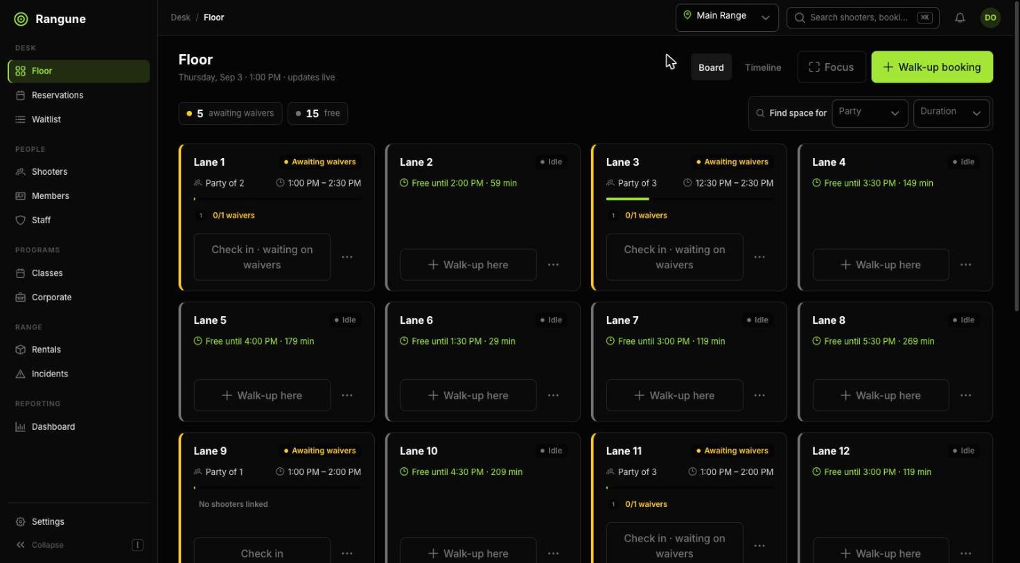The Rangune floor board showing lane status, waiver progress and free time for every lane